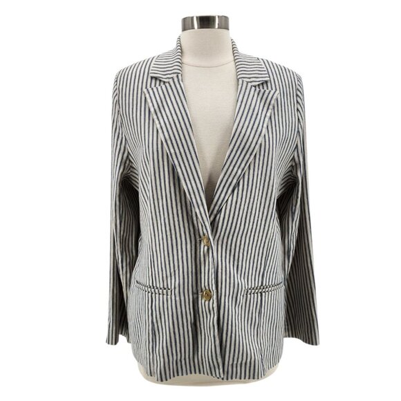 NEW Evereve Womens Medium Jacket Thea Stripe Blazer Natural Stripe Linen Blend - Picture 1 of 12